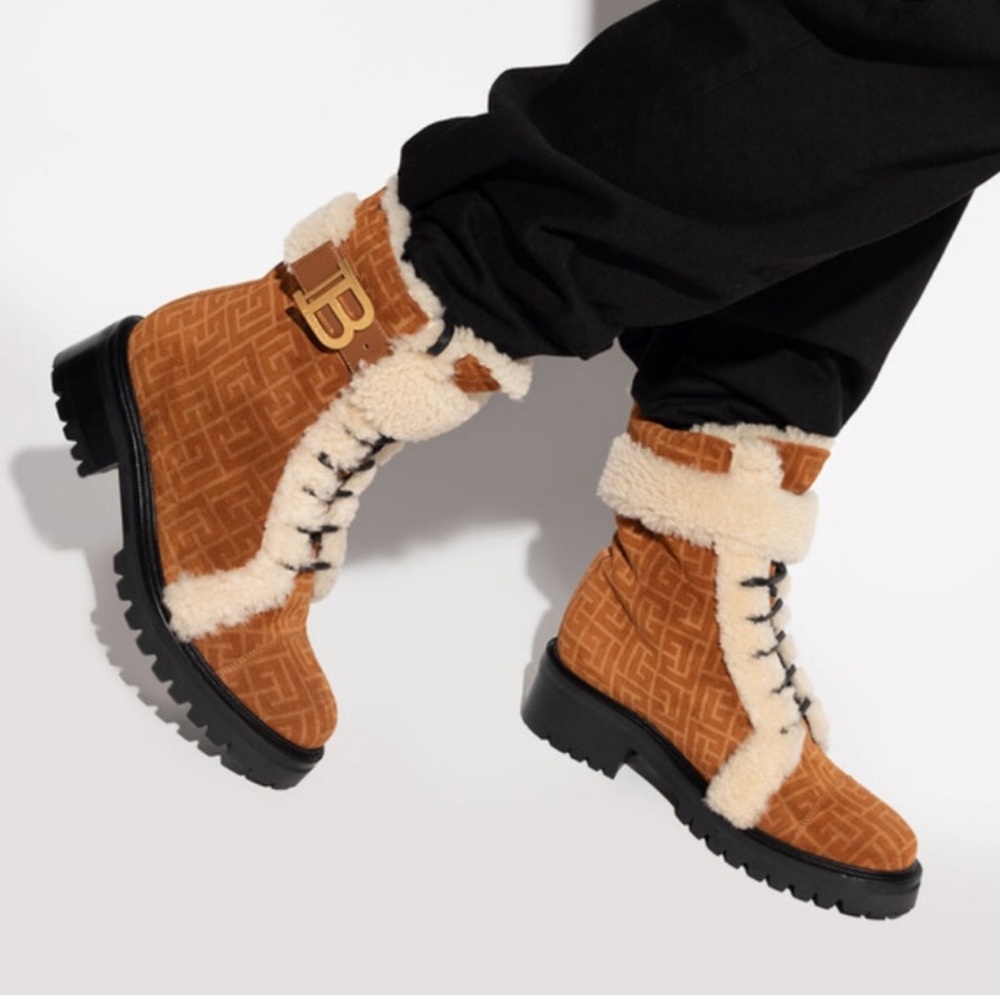 Balmain Shearling Suede Combat Boots Monogram NIB | Size 38